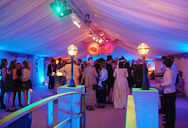 Drinks reception area with masks from the roof and spectacular lighting
