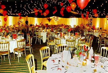 Party marquee with balloons and night sky