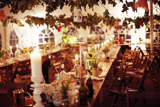Vintage style wedding tent with candles