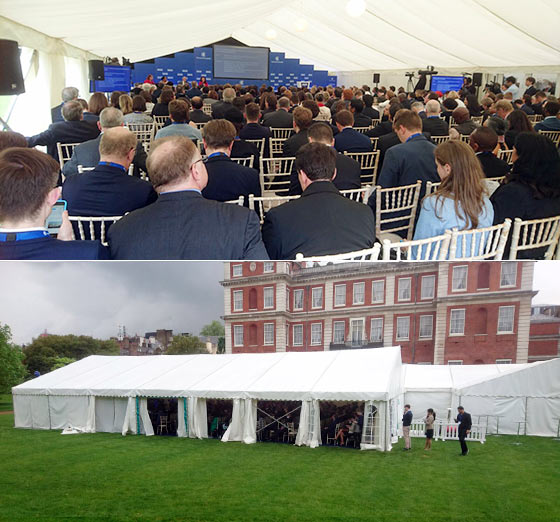 Exterior and interior of a marquee for a large conference