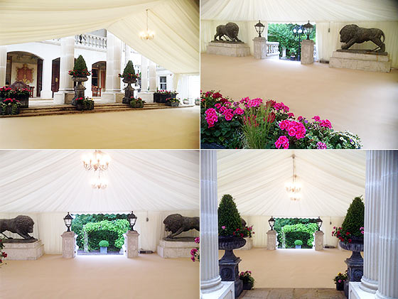 Marquee with grand venue features inside near Croydon, Surrey