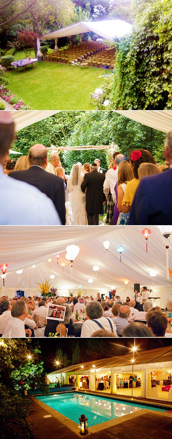 Marquee wedding ceremeny in the garden and reception with Vietnamese hanging lanterns