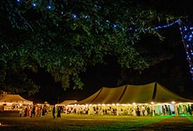 View of the whole festive garden wedding at night