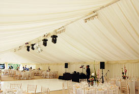 A white dance floor with tables on either side