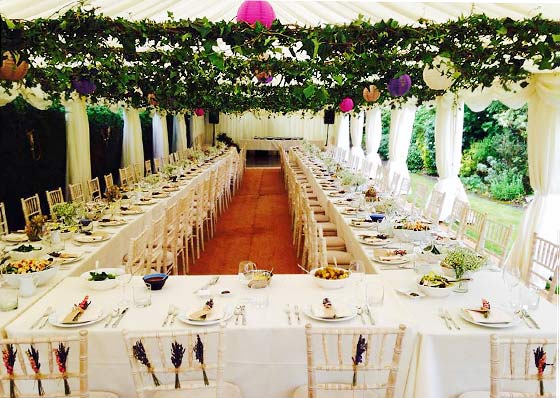 Rustic marquee with hanging leaves